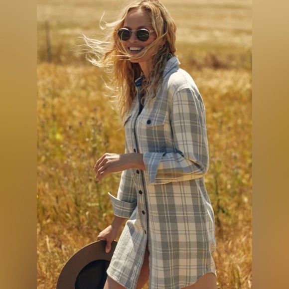 Outerknown Blanket Shirt Dress Gray Plaid Long Sleeve Button Down